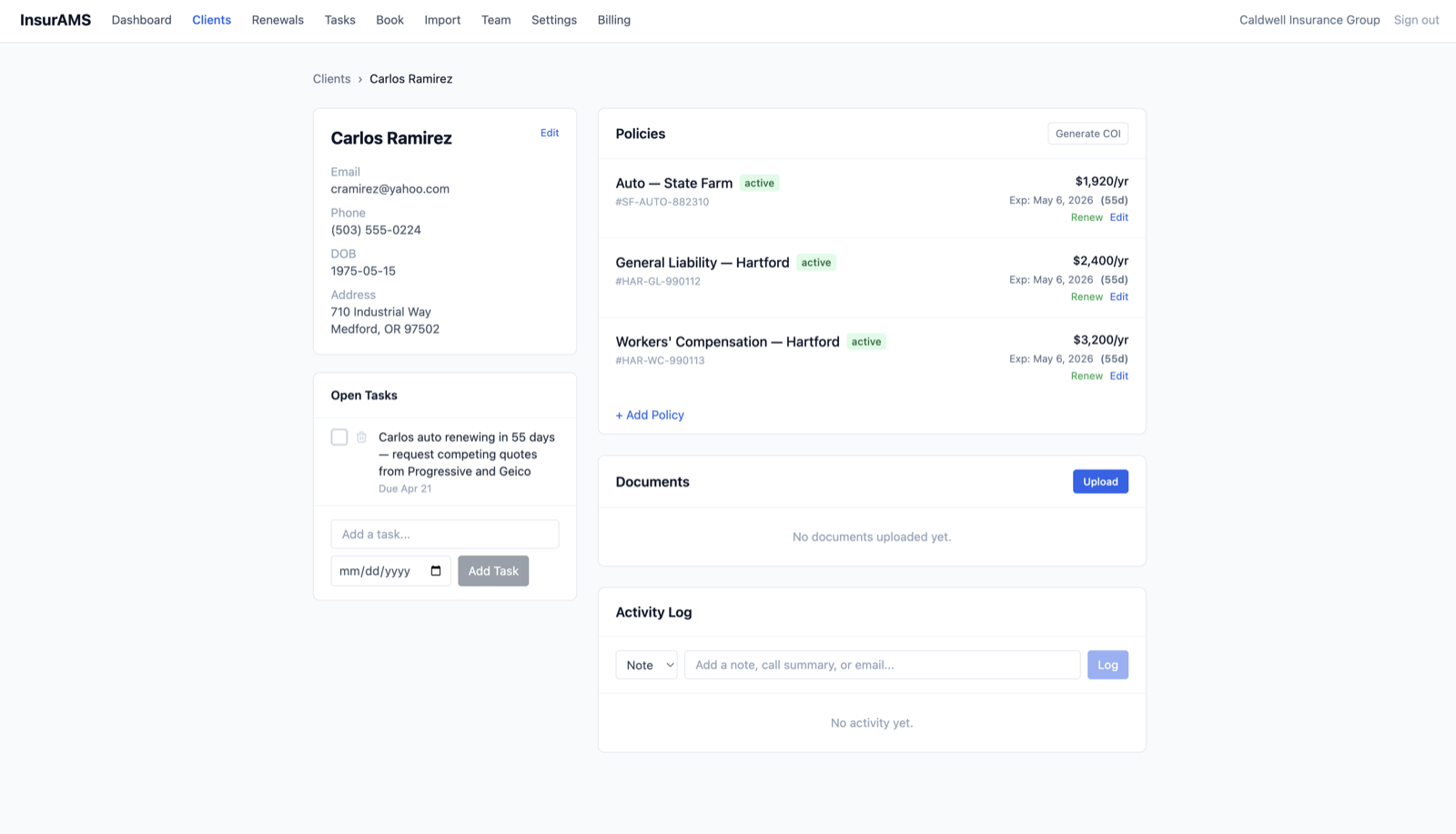Client detail page with policies, documents, tasks, and activity