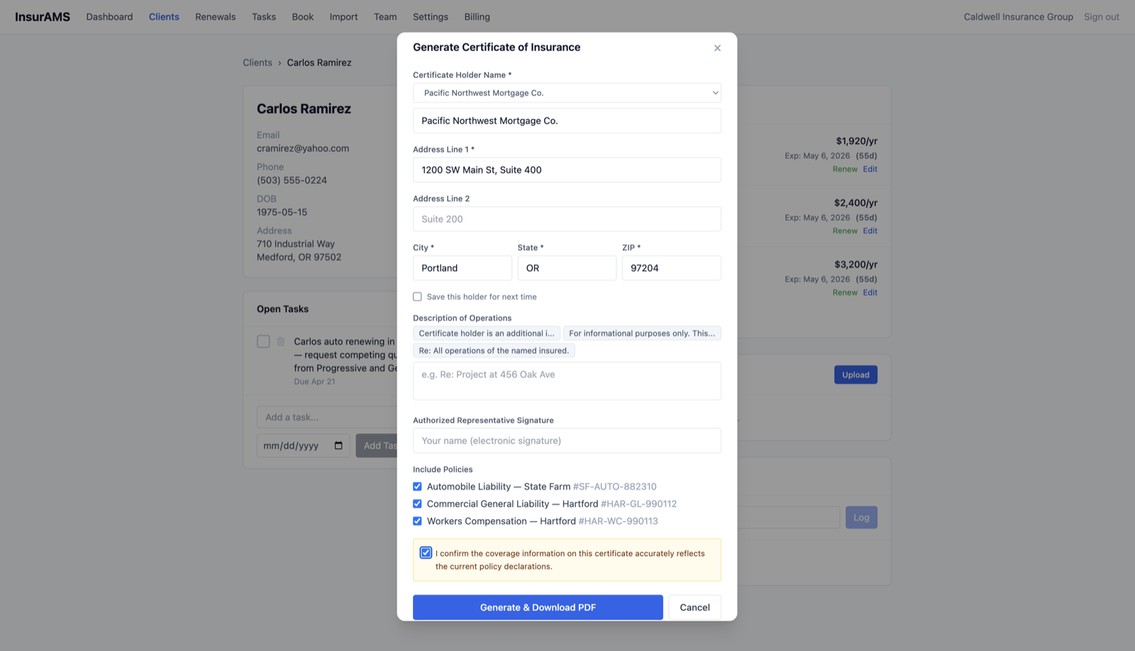 COI generation modal with selected policies and certificate holder fields