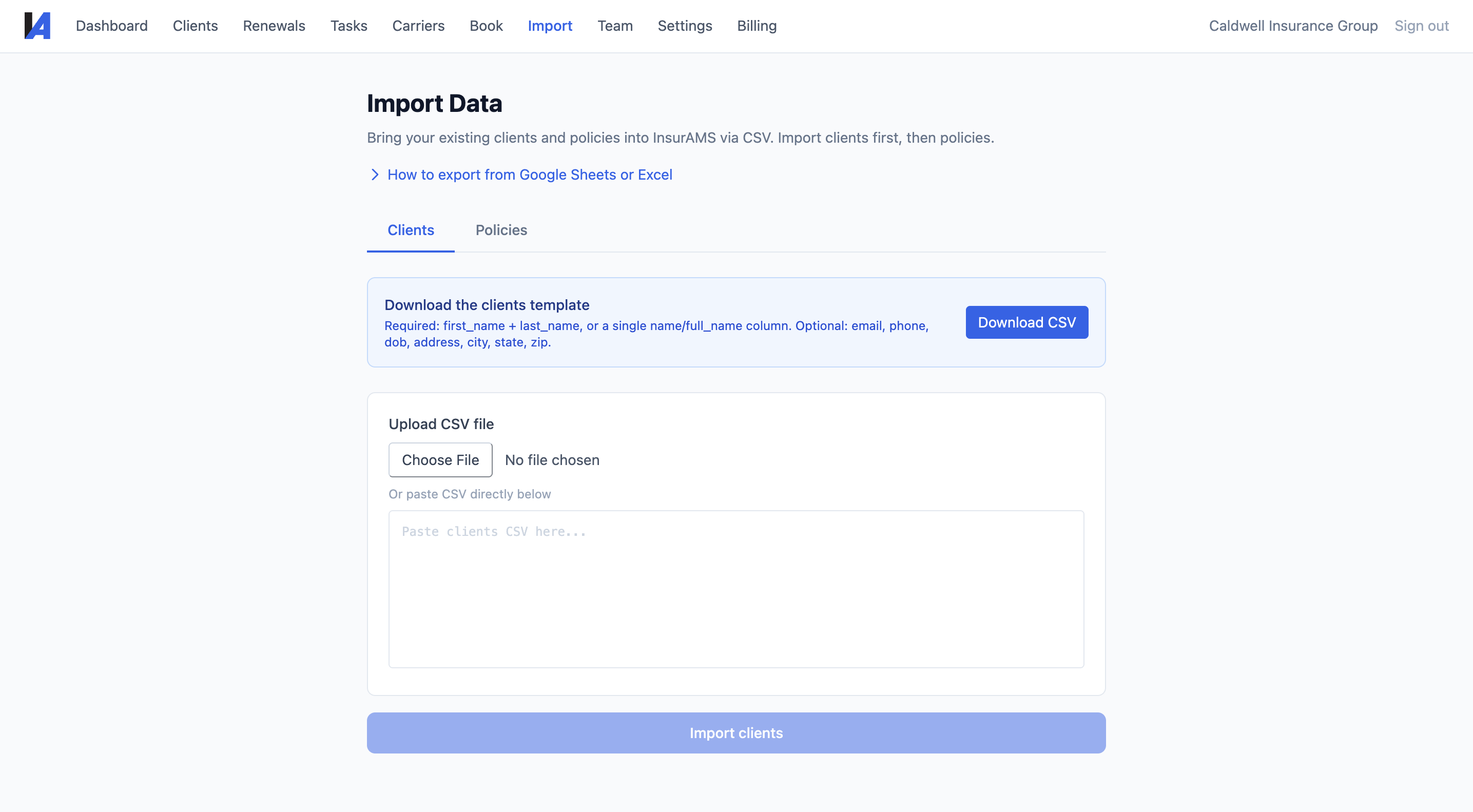 CSV import page with template download and paste area